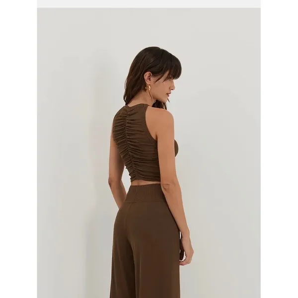 ViX Paula Hermanny Sia Top Brown Ruched Mesh High Neck Crop Top VH252148 Small - Image 2