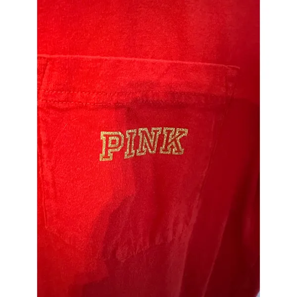 PINK Victoria's Secret Red Short Sleeve Pocket T-Shirt Gold Glitter Dog Logo L - Image 3
