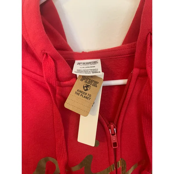 VS Y2K Cozy Aesthetic Pink Zip Up Hoodie Womens Large Red NWT Gold Logo Fleece - Image 3