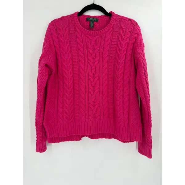 Lauren Ralph Lauren Sweater Womens PL Pink Cable Knit‎ Preppy Academic Oxford - Image 2