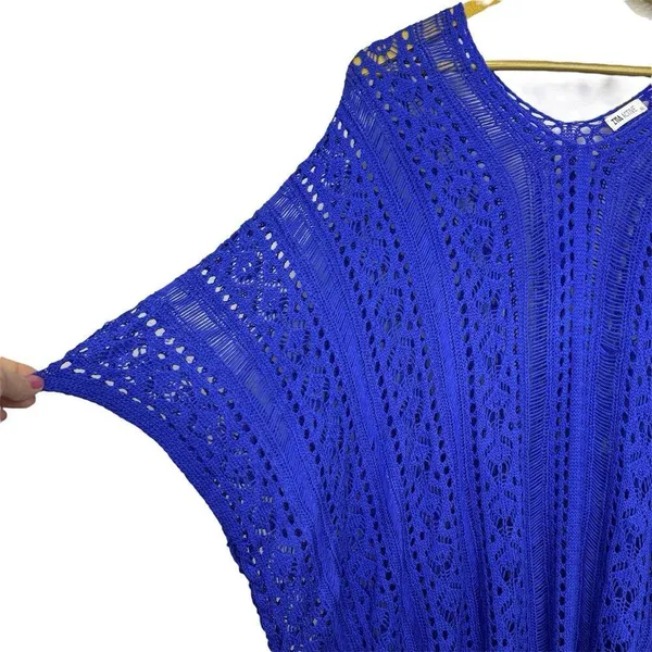 ZYIA Active Crochet Open Knit Knitted Cover Up Poncho Size XL Blue Beach Boho - Image 5