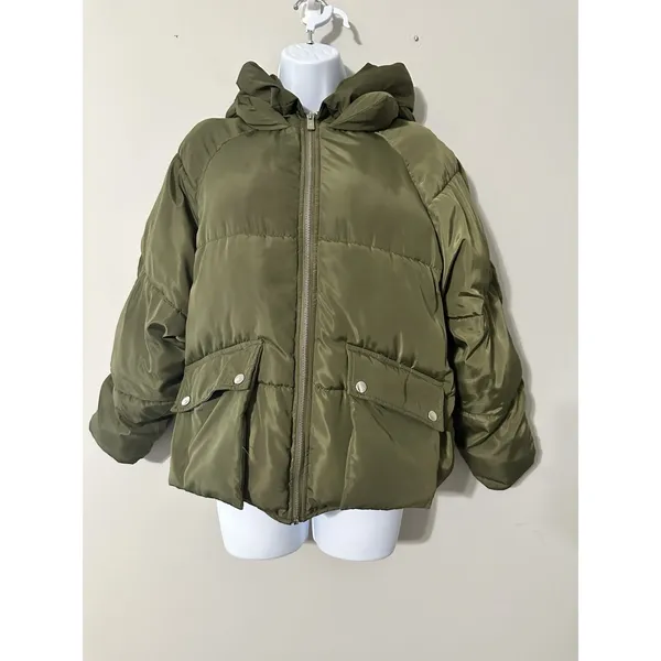 TOAST SOCIETY PLUTO KHAKI GREEN PUFFER JACKET Hooded Patch Pocket‎ EUC Size M - Image 6