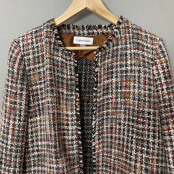 Calvin Klein Tweed Blazer Open Front Frayed Edges Size 14 Women Office Attire‎ - Image 4