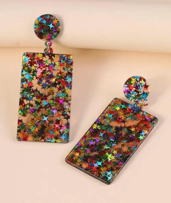 Multicolored Star Resin Rectangle Drop Earrings - Image 3