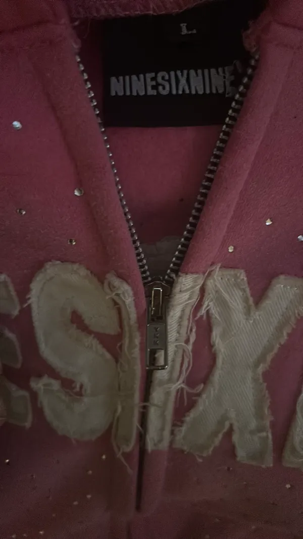 Pink rhinestone hoodie with design and distressed words - Image 3