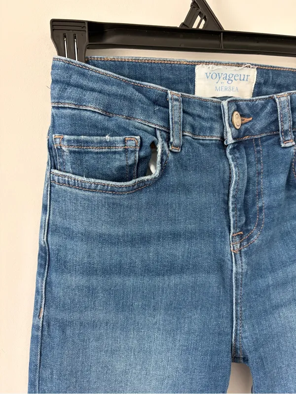 Voyageur by Mersea Nomad Cropped Mini Bootcut Flare Blue Denim Stretch Jeans 25 - Image 2