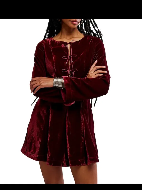 NWT free people Linney V-Neck Tie Front Long Sleeve Velvet Mini Dress - Image 2