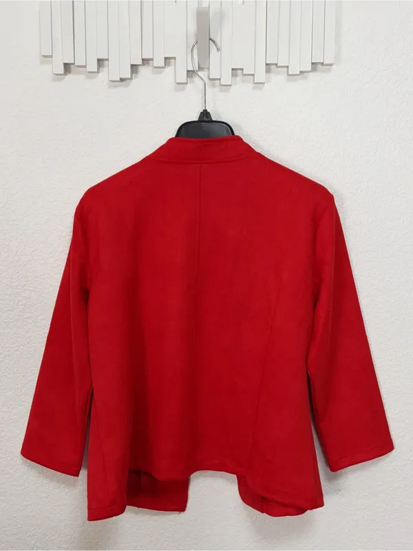 Red Faux Suede Feel Military Double Breasted Open Front Jacket Blazer - Image 6