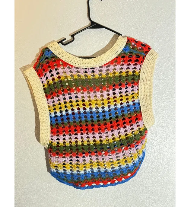 BDG M Colorful Crochet Knit Sweater Vest Retro V-Neck - Image 4