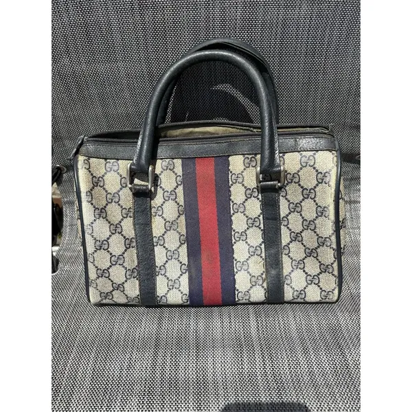 Vintage Gucci Boston Bag‎ Blue/Navy Leather Satchel Handbag - Image 2