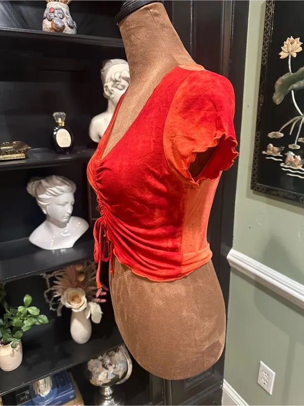 Evolution Fire Red & Orange Ruched Rave Top – Size Small - Image 5