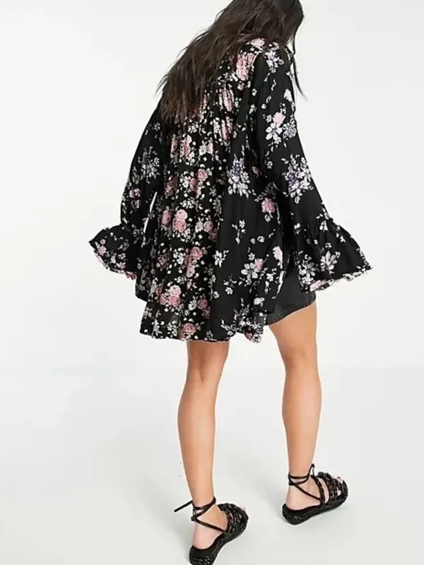 Nwt Free People Loretta Printed Tunic Floral Printed Blouse Black Combo - M - Image 6
