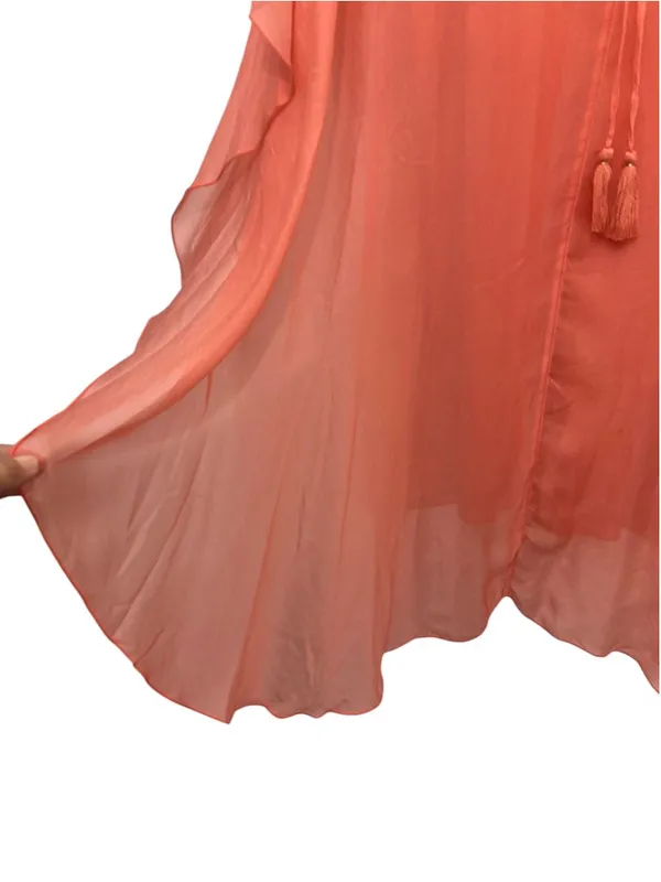 Tommy Bahama Lanai Breeze Double Layer Chiffon Tunic Dress M Coral Pink Tassel - Image 14