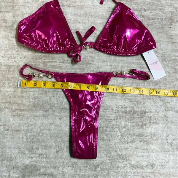 New Fashion Women’s Large Hot Pink Metallic Bikini Swimsuit Thong Rave Festival - Image 2