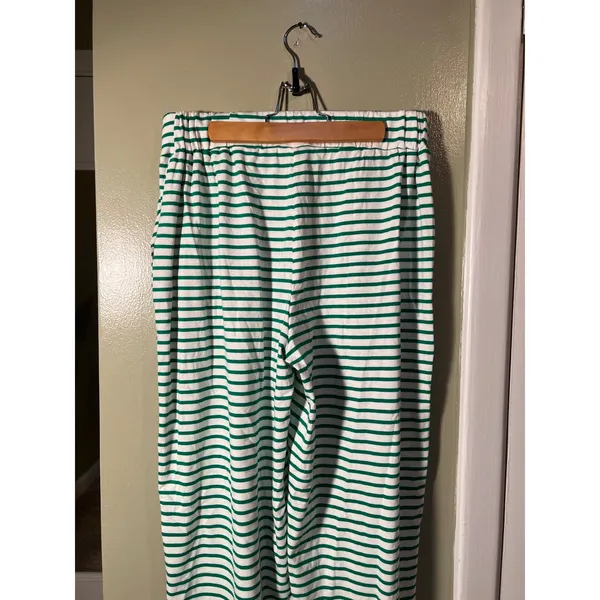 Women's Sz Medium Pull On Lounge Pants White Green Stripes Pockets Elastic Waist - Image 9