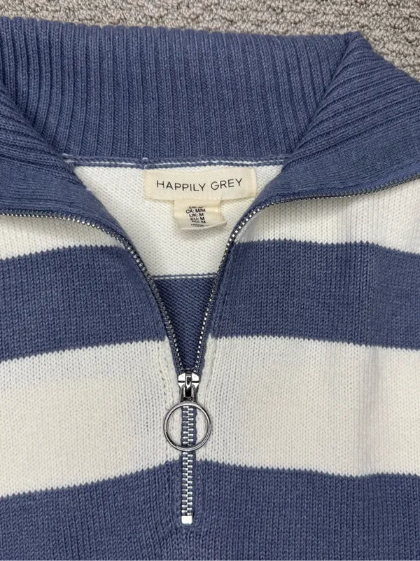 Happy Grey Striped Mock Neck Cotton Cropped Sweater Preppy Coquette - Image 2