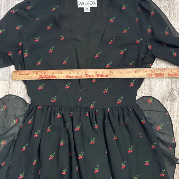 Wildfox Black‎ Rosebud Print Deep V-Neck Ruffle Mini Dress Long Sleeve Medium - Image 7
