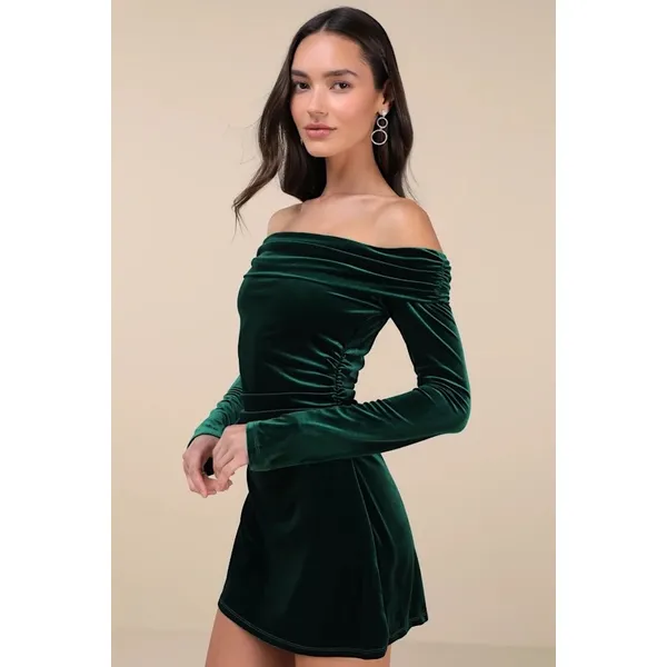 Lulus Nia Emerald Velvet Off-The-Shoulder‎ Mini Dress Size M - Image 3