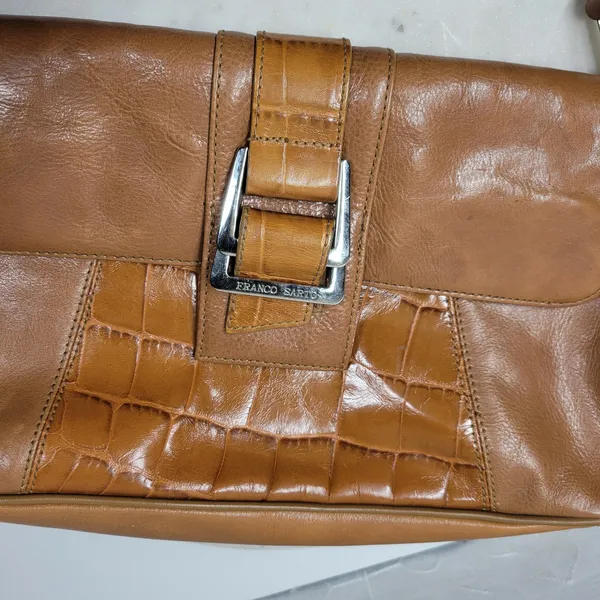 VTG Franco Sarto Y2K Leather Shoulder Bag Tan Alligator Trim Baguette Purse - Image 16