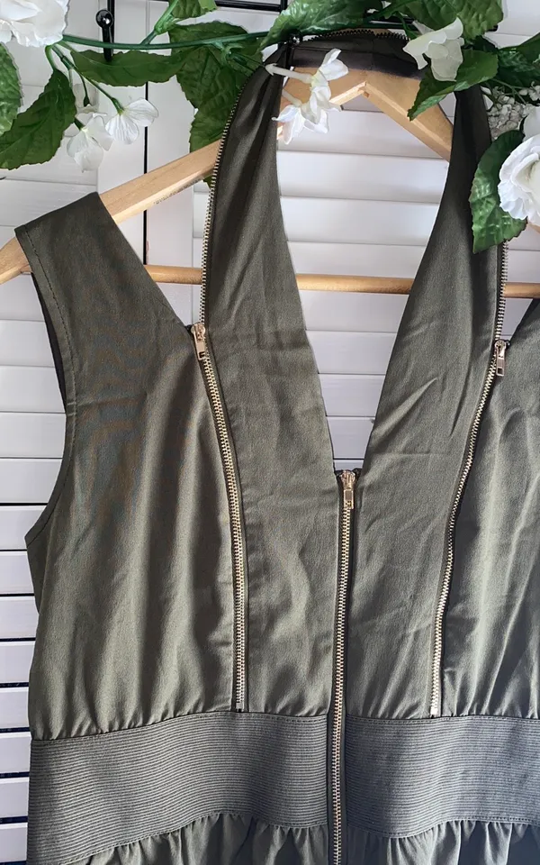 Army Green Sleeveless Romper W/ Gold Zippers - Image 2