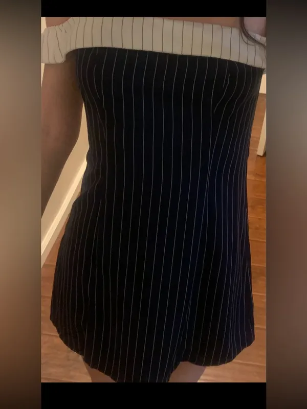 Cider Navy Pinstripe Off-Shoulder Mini Dress with Cream Trim - Image 3
