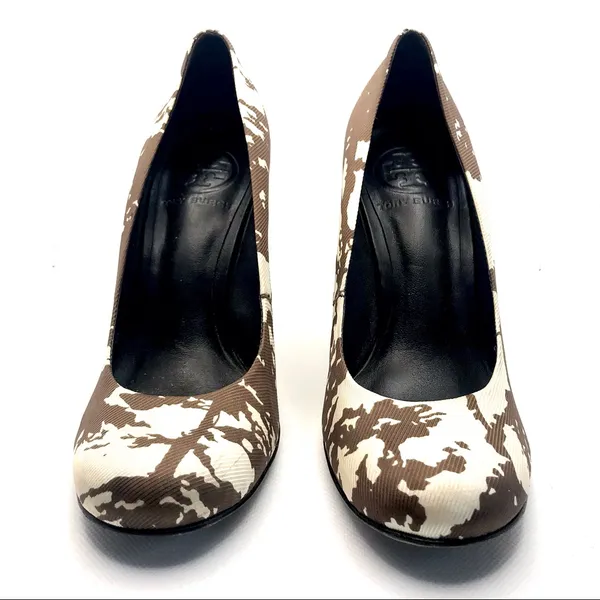 Tory Burch Brown & Cream Fabric "Bria" Stacked Heel Pumps (5m) - Image 6