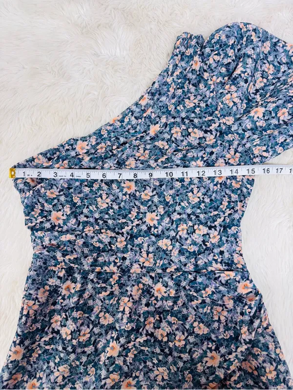 ASTR Santorini One Shouler Midi Dress Medium Blue Floral Wedding Guest Romantic - Image 14