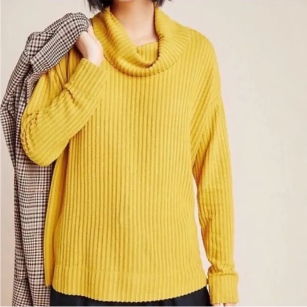 Anthropologie Maeve Chartreuse Ribbed Knit Cowl Neck Sweater Oversized Medium‎ - Image 2