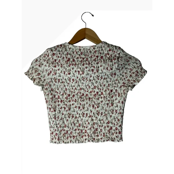 Hollister Smocked Top Women Medium Ivory Floral Short Sleeve Crop Tee Boho - Image 3
