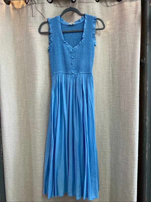 Light Blue Smocked Midi Dress V-Neck Button Front Ruffle Small - Image 8