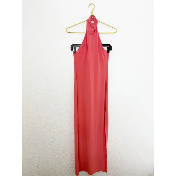 Norma Kamali Halter Turtleneck Side Slit Maxi Dress Size XS Coral Jersey Stretch - Image 4