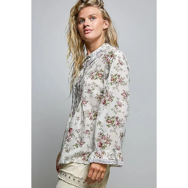 POL Floral Lace Trim Pintuck Button-Down Shirt - Ivory - Large - Image 2