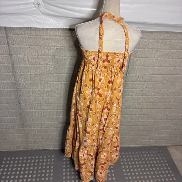 Aerie Orange Ikat Print Braided Halter Midi Dress Smocked Back Small - Image 6