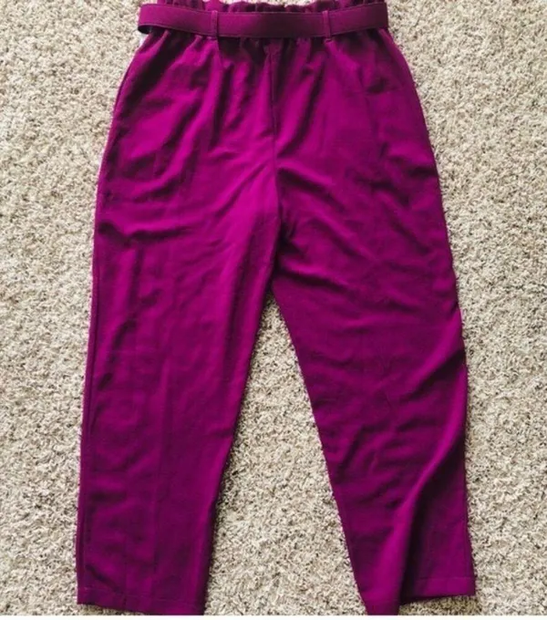 June & Hudson Belted Paper Bag High-Waisted Pants in Fuschia, Size L EXCELLENT - Image 3