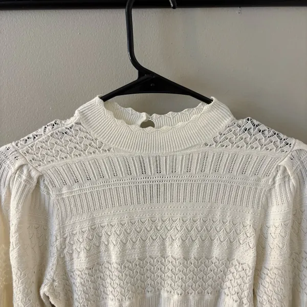 Abercrombie Pointelle Mock Neck Puff Sleeve Sweater in Cream - Image 3
