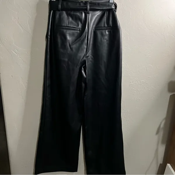 Loft Black Faux Leather High Rise Wide-Leg Belted Fleece Lined Trouser‎ Pants - Image 9