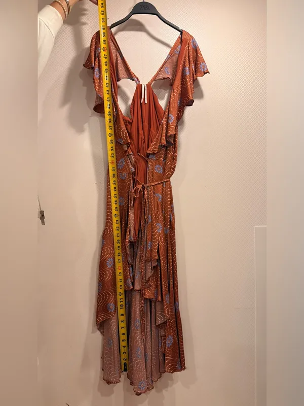 Anthropologie Ruffle-Sleeve Printed-Wrap Rust Midi Dress with Blue Floral Print - Image 9