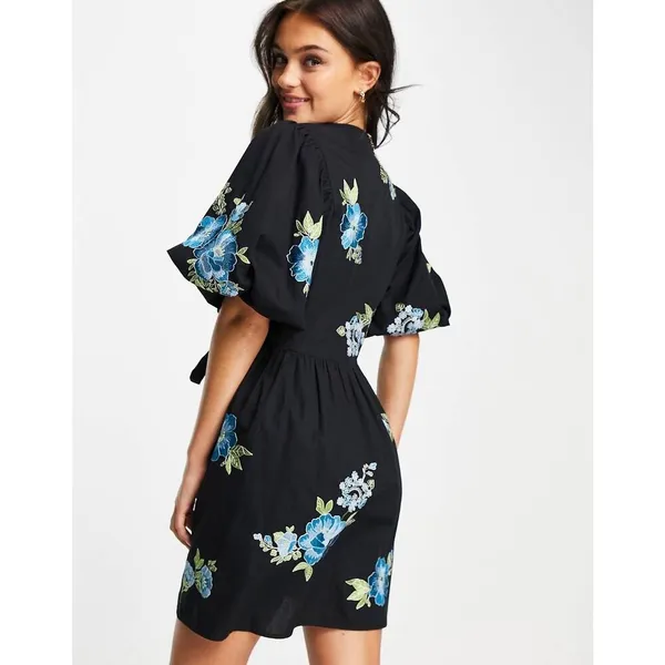 ASOS DESIGN cotton poplin embroidery shirred bodice mini dress in black - Image 3