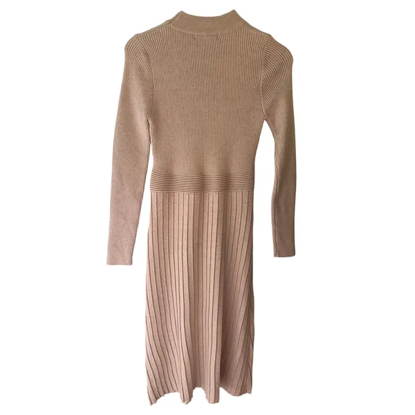 Aluedudu Ribbed Mock Neck Midi Sweater Dress Size M Taupe Neutral Fall - Image 2