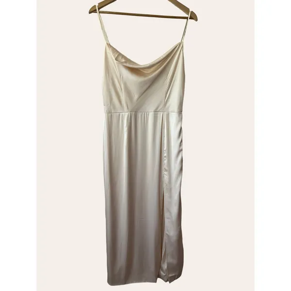 Meshki Kimberly Ivory Satin Cowl Neck Slit Cocktail Slip Dress Size Medium - Image 4