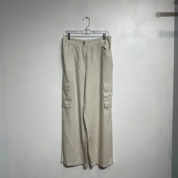 Happily Grey Cream Linen Blend Wide Leg Pants High Rise Flowy Sz L - Image 2