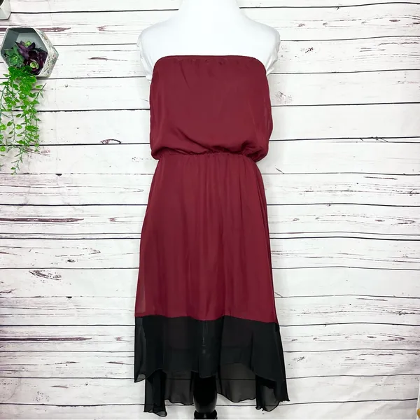 L8ter NWT Maroon & Black Strapless High Low Bohemian Dress Size Small - Image 2