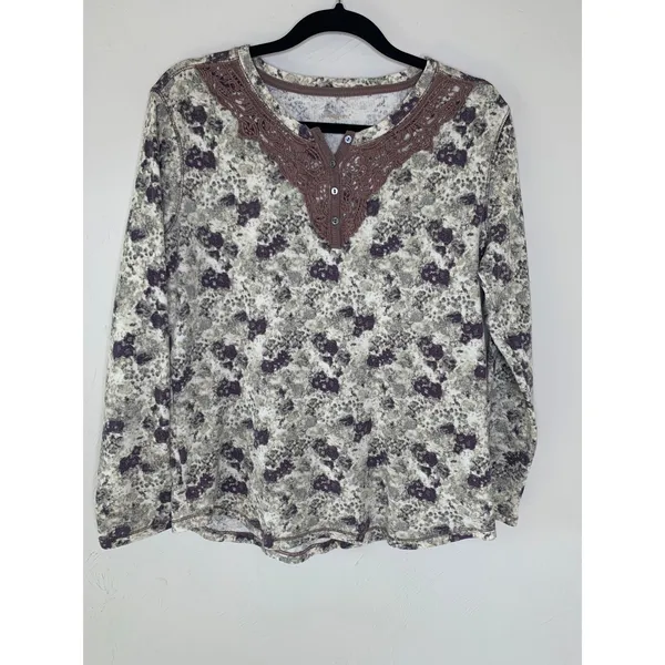 Northcrest Floral Thermal Lace Trim Henley Shirt Sz Large - Image 5