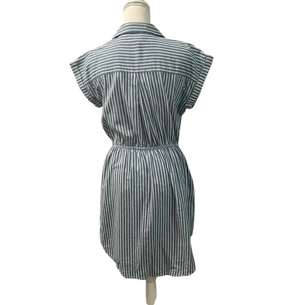 Japna 100% Cotton Blue White Striped Elastic Waist Mini Dress Pockets Medium - Image 7
