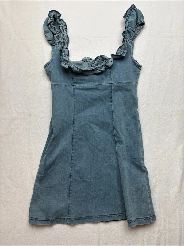 urban outfitters size medium blue Denim Ruffle Strap Dress western cowgirl - Image 11