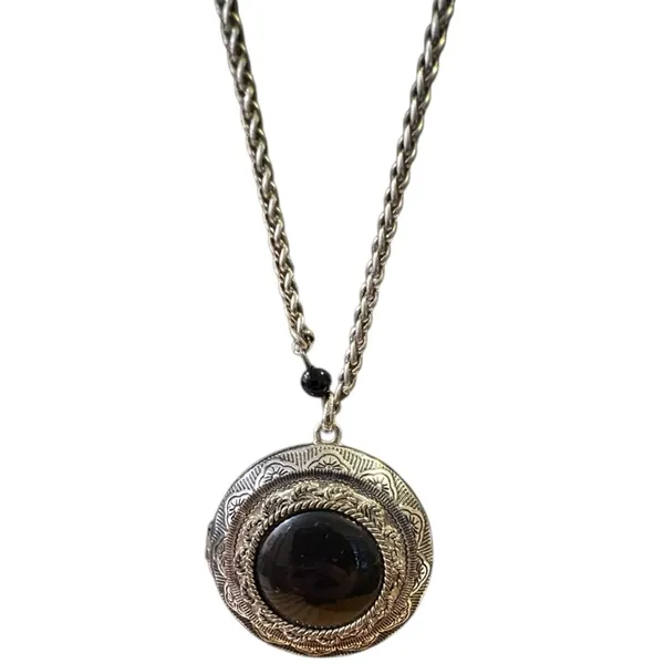 Vintage Black Onyx Cabochon Stone Silver Locket Necklace, One Size - Image 3