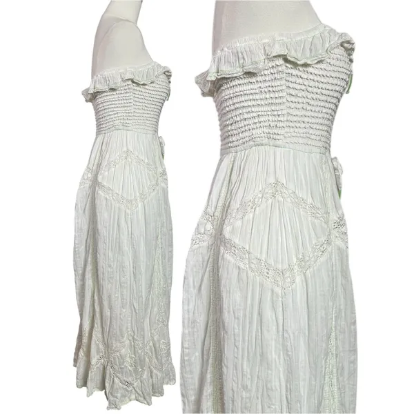 Free People Ethereal Cottage Prairie White Lace Hi Hello Midi Dress Medium - Image 9