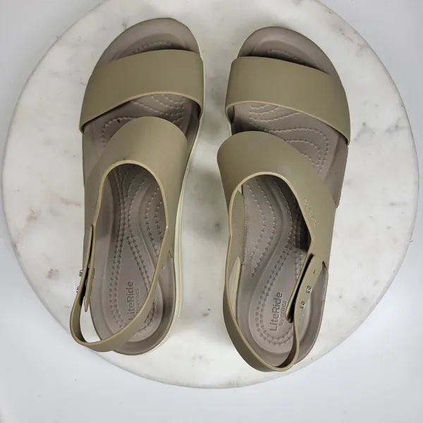 Crocs Brooklyn Low Wedge Sandals Size 8 Mushroom LiteRide Slingback Two Strap - Image 7