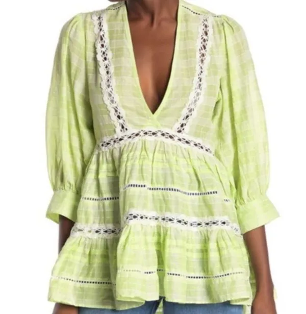 Free People Lime Green Time Out Boho Cottagecore Lace Tunic Top W-690 Size S - Image 5