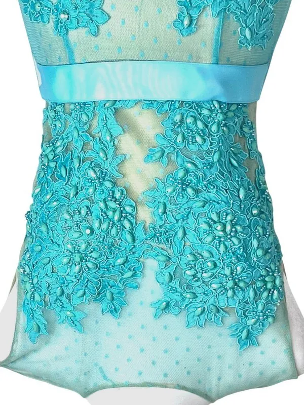 Turquoise Illusion Mermaid Gown Sheer Mesh Floral Lace Appliqués 6 Prom Wedding - Image 4